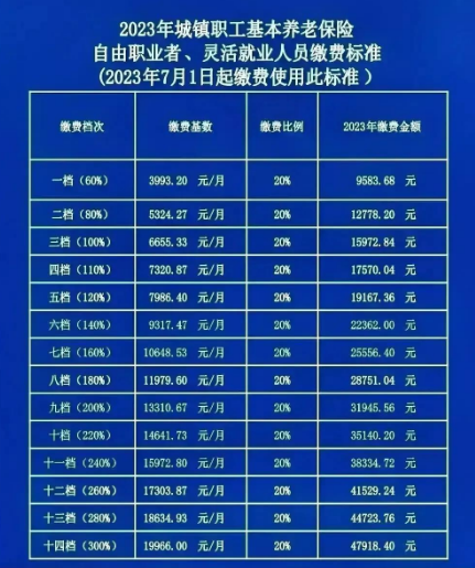 2023年个人社保缴费价格表
